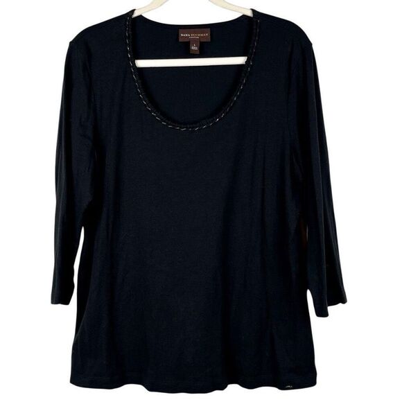 Dana Buchman Signature Black 3/4 Sleeve Tee Rope Chain Collar Large - Picture 1 of 9